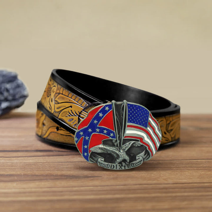Cinturón de cuero con hebilla Dixie y doble bandera de águila para hombre, hecho a mano