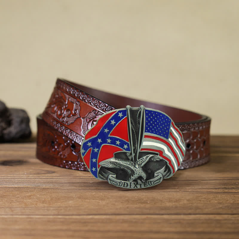 Cinturón de cuero con hebilla Dixie y doble bandera de águila para hombre, hecho a mano