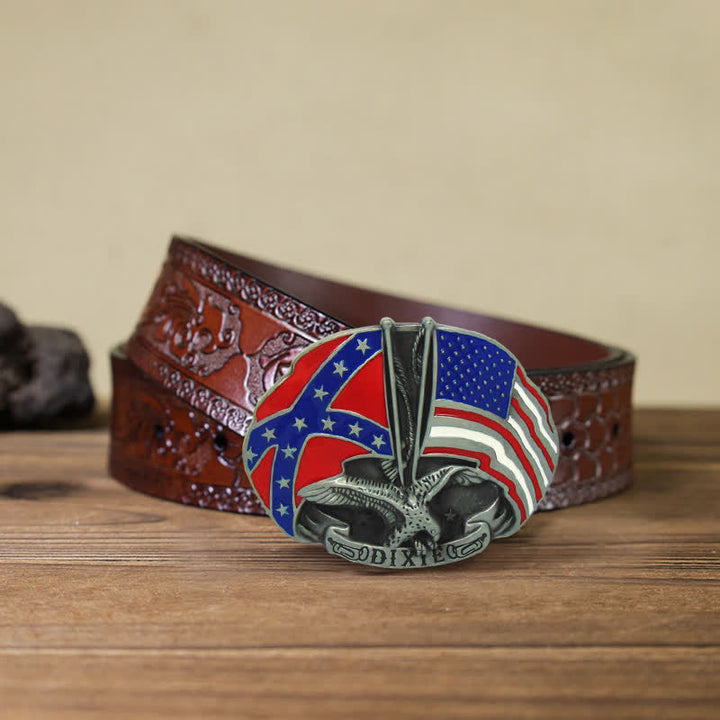 Cinturón de cuero con hebilla Dixie y doble bandera de águila para hombre, hecho a mano