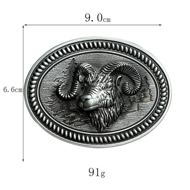 Cinturón de cuero con hebilla estilo western con cabeza de carnero y cabra para hombre, hecho a mano