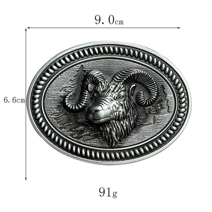 Cinturón de cuero con hebilla estilo western con cabeza de carnero y cabra para hombre, hecho a mano