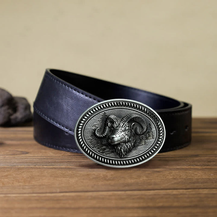 Cinturón de cuero con hebilla estilo western con cabeza de carnero y cabra para hombre, hecho a mano