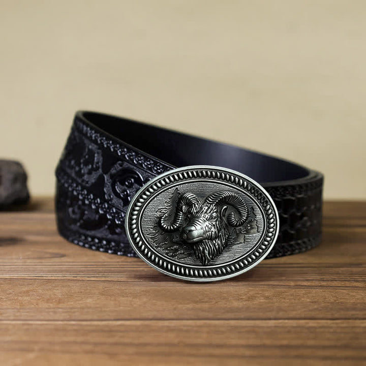 Cinturón de cuero con hebilla estilo western con cabeza de carnero y cabra para hombre, hecho a mano