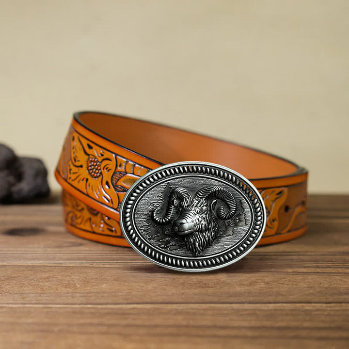 Cinturón de cuero con hebilla estilo western con cabeza de carnero y cabra para hombre, hecho a mano