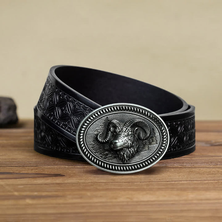 Cinturón de cuero con hebilla estilo western con cabeza de carnero y cabra para hombre, hecho a mano