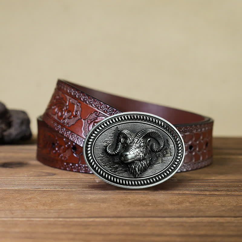 Cinturón de cuero con hebilla estilo western con cabeza de carnero y cabra para hombre, hecho a mano