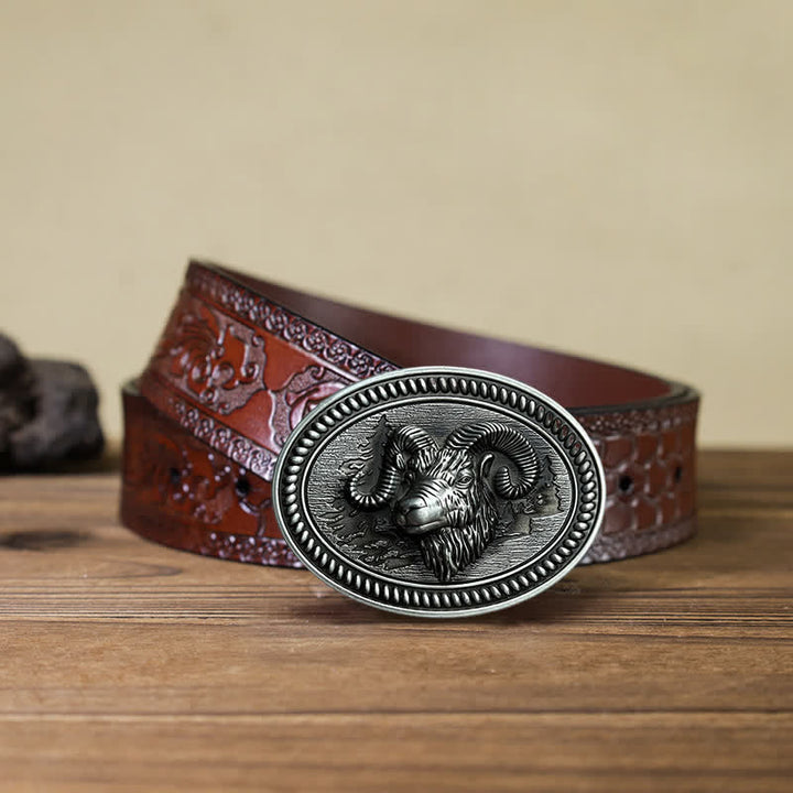 Cinturón de cuero con hebilla estilo western con cabeza de carnero y cabra para hombre, hecho a mano