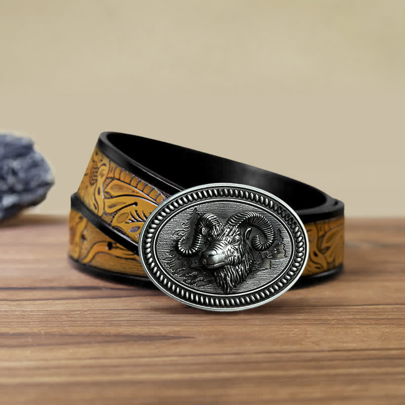 Cinturón de cuero con hebilla estilo western con cabeza de carnero y cabra para hombre, hecho a mano