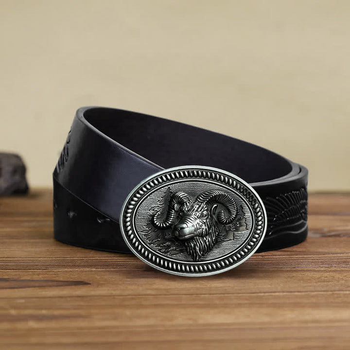 Cinturón de cuero con hebilla estilo western con cabeza de carnero y cabra para hombre, hecho a mano