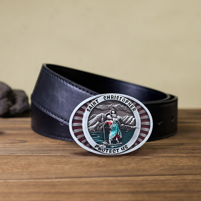 Cinturón de cuero con hebilla de San Cristóbal para hombre, hecho a mano