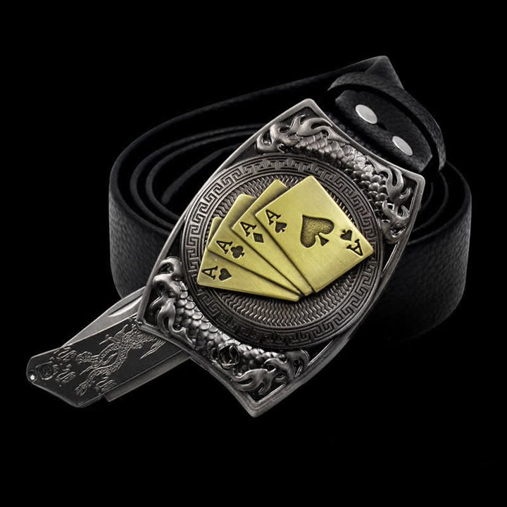 Cinturón de cuero con navaja plegable y diseño de póker dorado para hombre