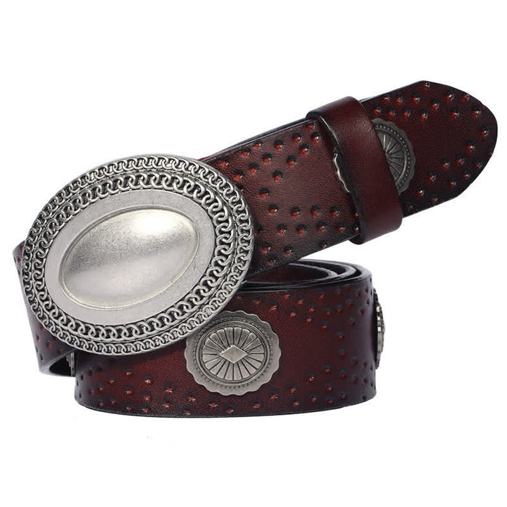 Cinturón de cuero con remaches y hebilla ovalada de estilo vintage para hombre