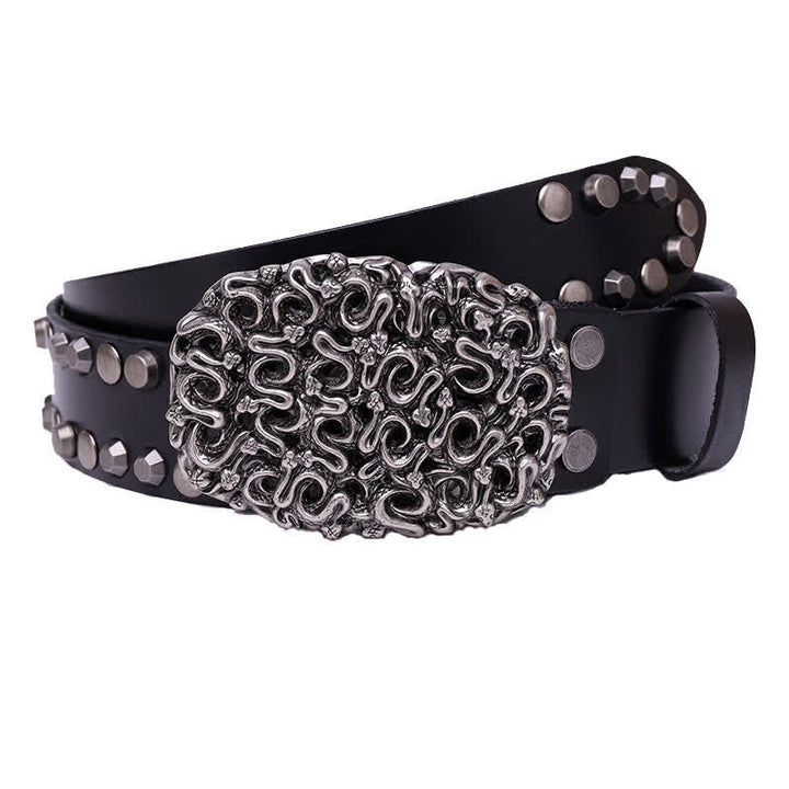 Cinturón de cuero con remaches y hebilla lisa de serpiente para hombre