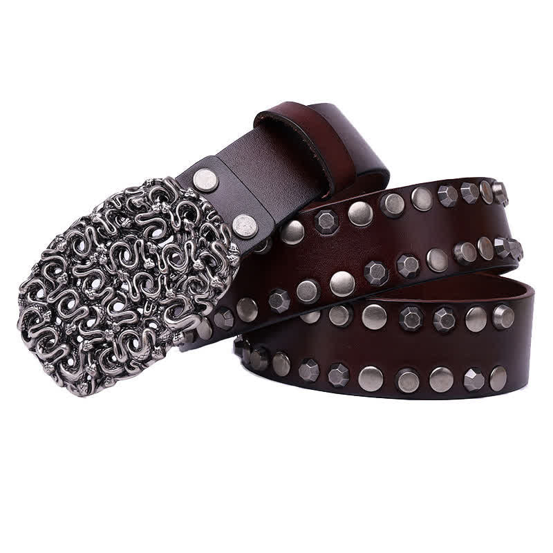 Cinturón de cuero con remaches y hebilla lisa de serpiente para hombre