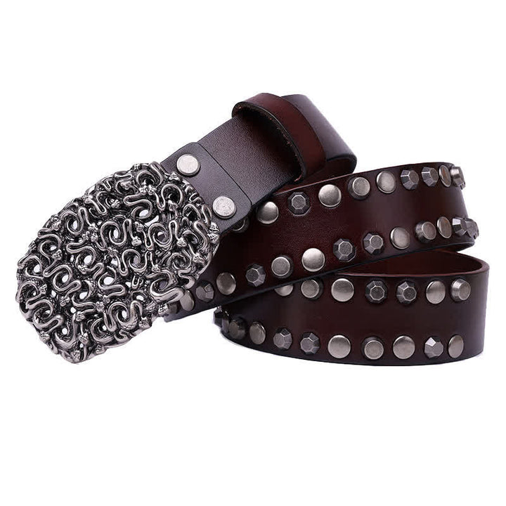 Cinturón de cuero con remaches y hebilla lisa de serpiente para hombre