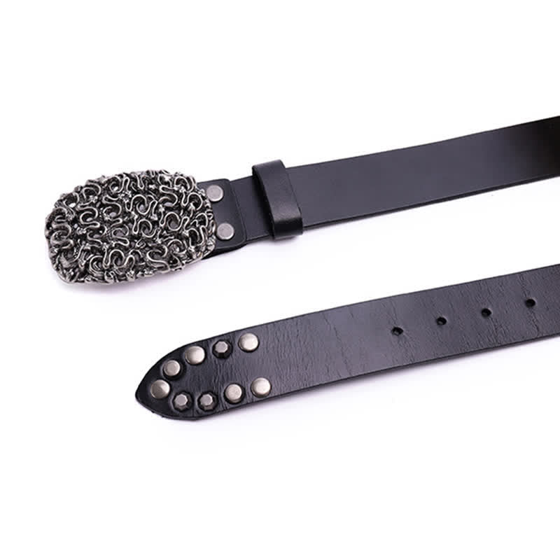 Cinturón de cuero con remaches y hebilla lisa de serpiente para hombre