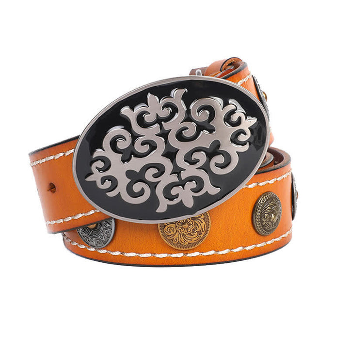 Cinturón de cuero con remaches de cabeza de león y flores talladas de estilo étnico para hombre