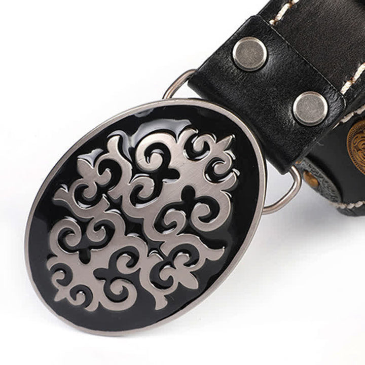 Cinturón de cuero con remaches de cabeza de león y flores talladas de estilo étnico para hombre