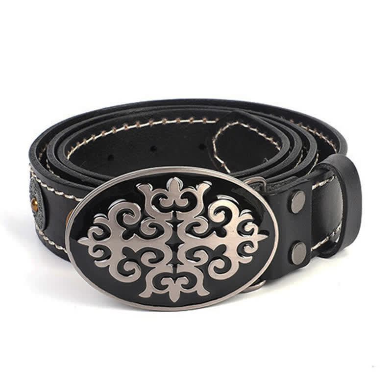 Cinturón de cuero con remaches de cabeza de león y flores talladas de estilo étnico para hombre