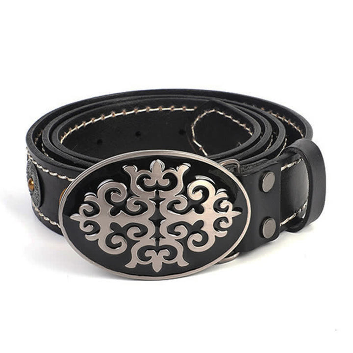 Cinturón de cuero con remaches de cabeza de león y flores talladas de estilo étnico para hombre