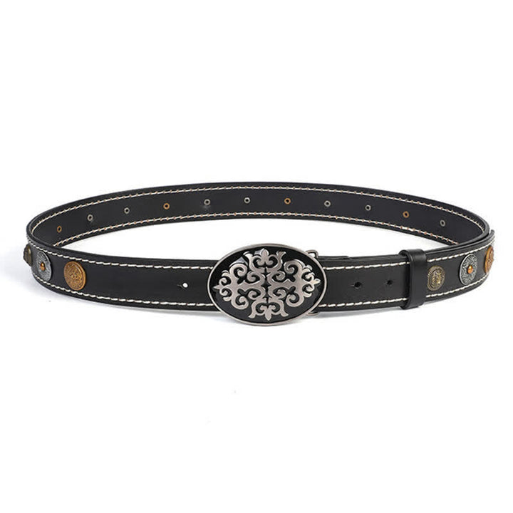 Cinturón de cuero con remaches de cabeza de león y flores talladas de estilo étnico para hombre