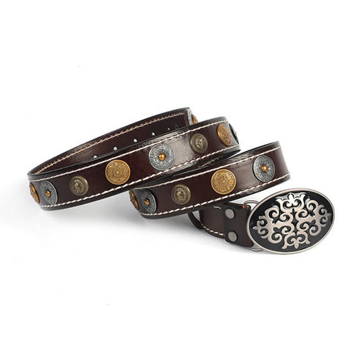 Cinturón de cuero con remaches de cabeza de león y flores talladas de estilo étnico para hombre