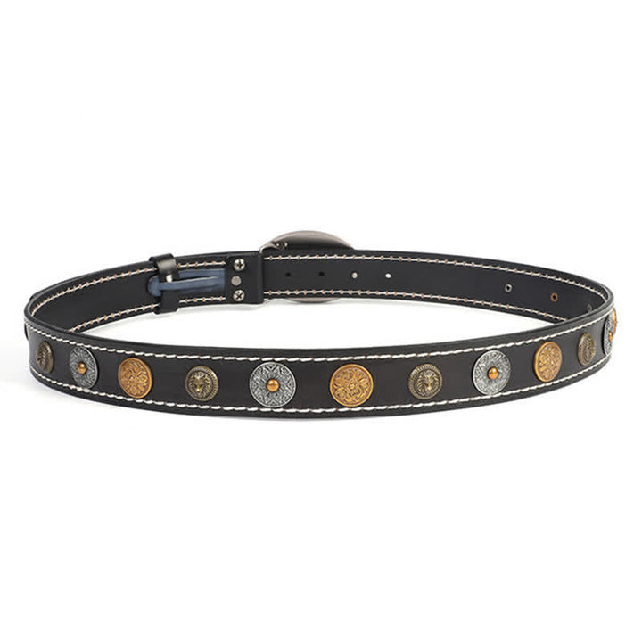 Cinturón de cuero con remaches de cabeza de león y flores talladas de estilo étnico para hombre