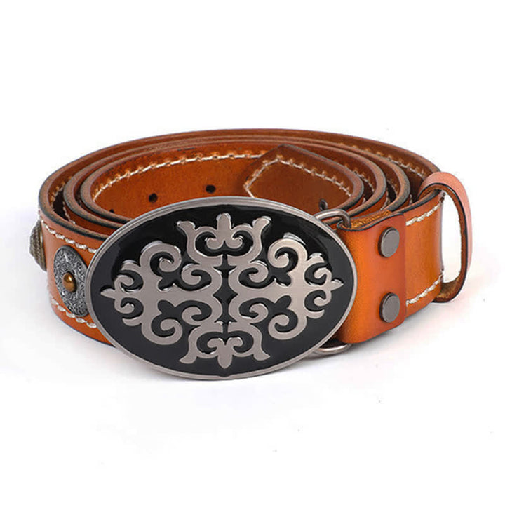 Cinturón de cuero con remaches de cabeza de león y flores talladas de estilo étnico para hombre