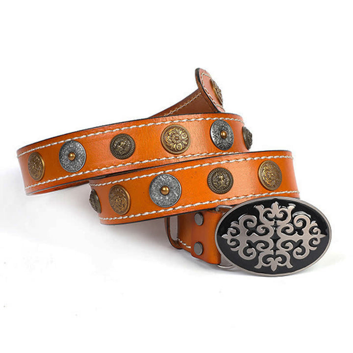 Cinturón de cuero con remaches de cabeza de león y flores talladas de estilo étnico para hombre