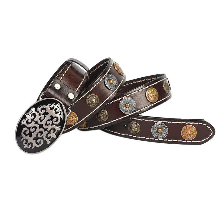 Cinturón de cuero con remaches de cabeza de león y flores talladas de estilo étnico para hombre