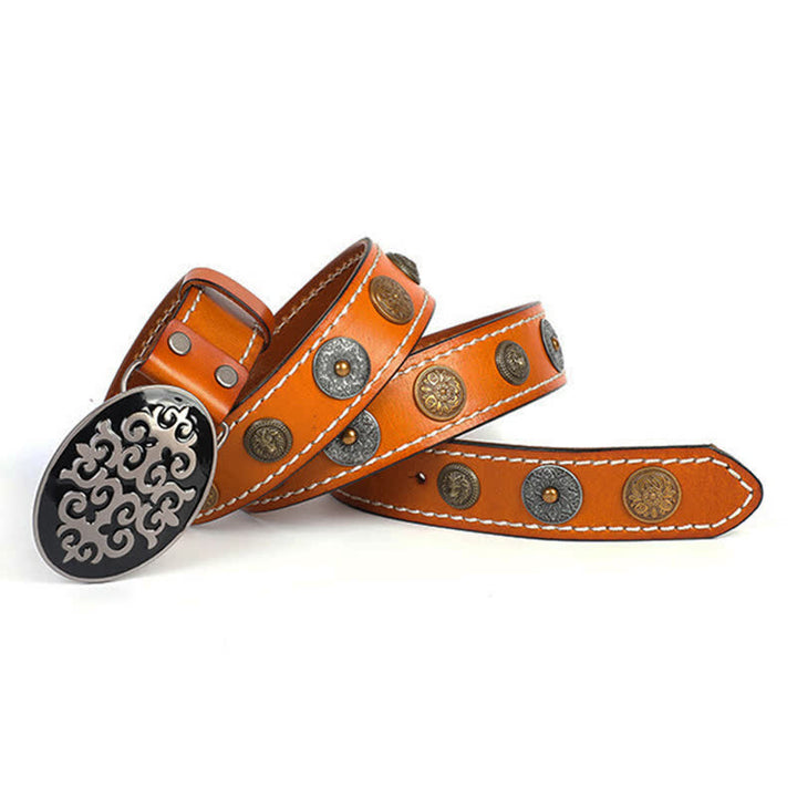 Cinturón de cuero con remaches de cabeza de león y flores talladas de estilo étnico para hombre