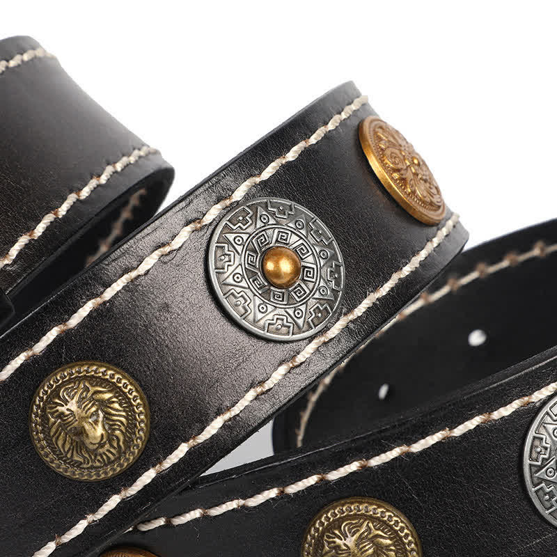 Cinturón de cuero con remaches de cabeza de león y flores talladas de estilo étnico para hombre