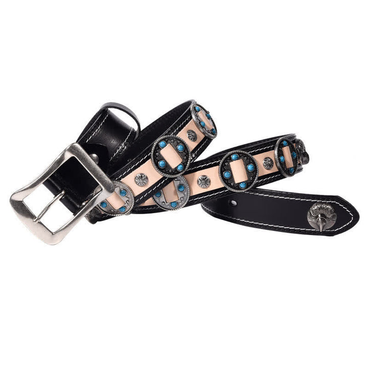 Cinturón de cuero con tachuelas y flores con incrustaciones turquesas para hombre