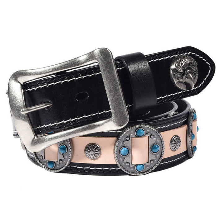 Cinturón de cuero con tachuelas y flores con incrustaciones turquesas para hombre