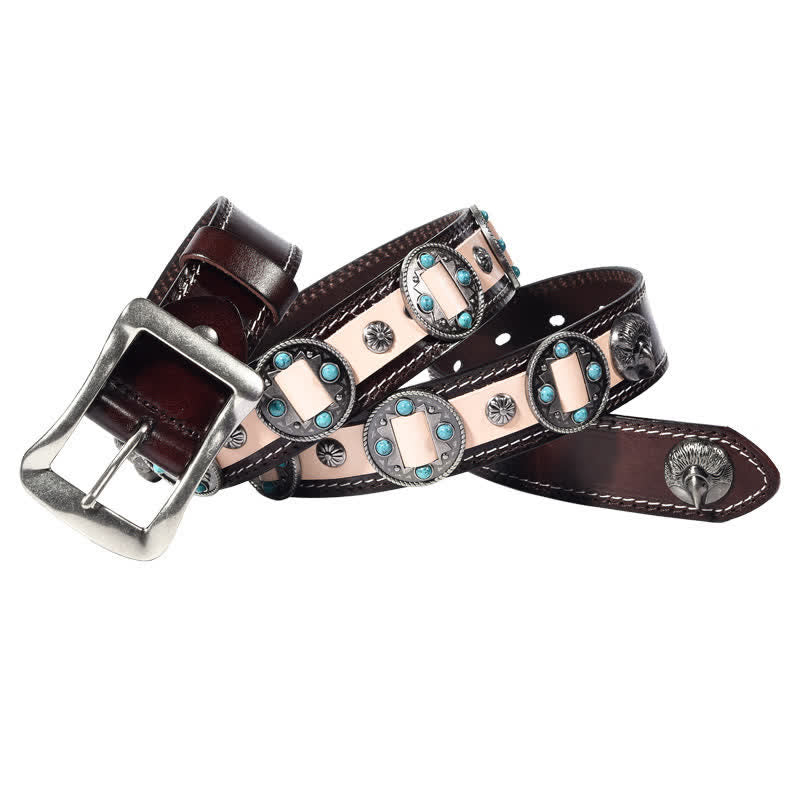 Cinturón de cuero con tachuelas y flores con incrustaciones turquesas para hombre