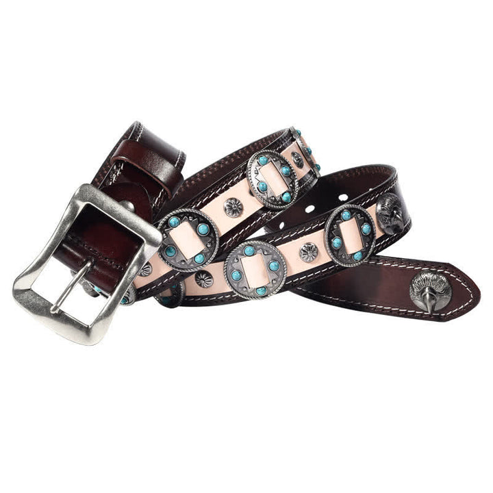 Cinturón de cuero con tachuelas y flores con incrustaciones turquesas para hombre