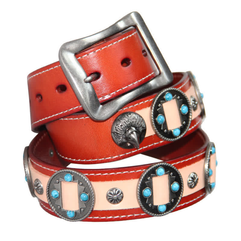 Cinturón de cuero con tachuelas y flores con incrustaciones turquesas para hombre