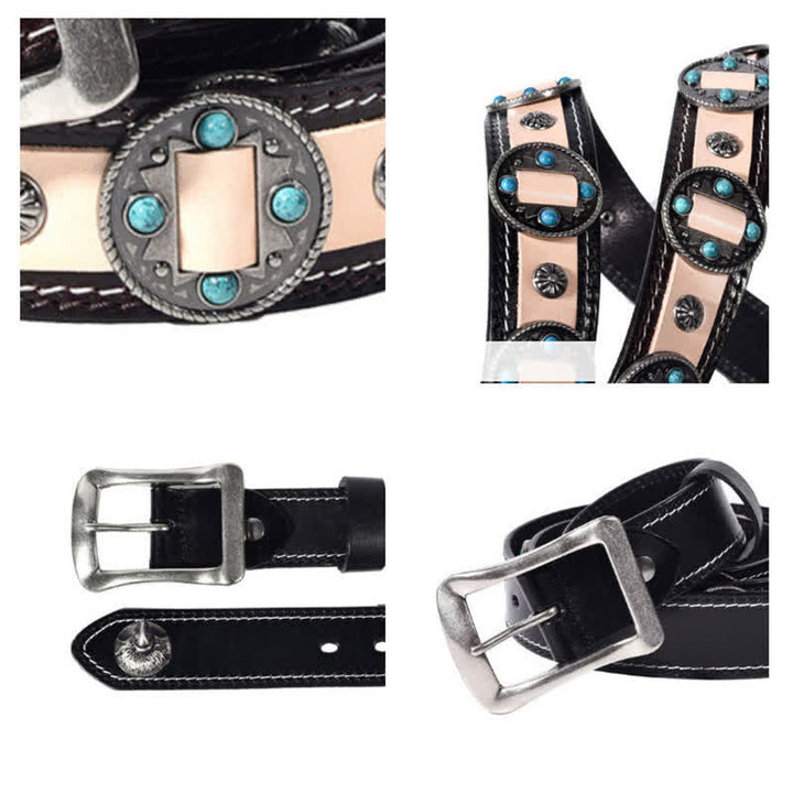 Cinturón de cuero con tachuelas y flores con incrustaciones turquesas para hombre