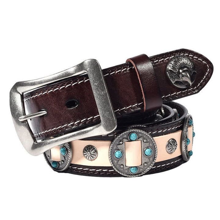 Cinturón de cuero con tachuelas y flores con incrustaciones turquesas para hombre