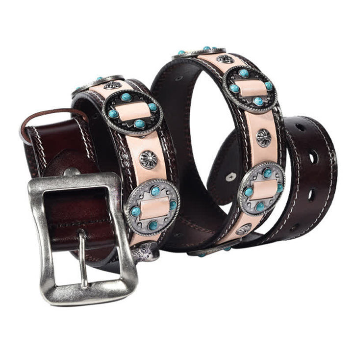 Cinturón de cuero con tachuelas y flores con incrustaciones turquesas para hombre