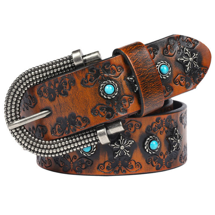 Cinturón de cuero con incrustaciones de turquesa y remaches tallados en forma de mariposa para hombre