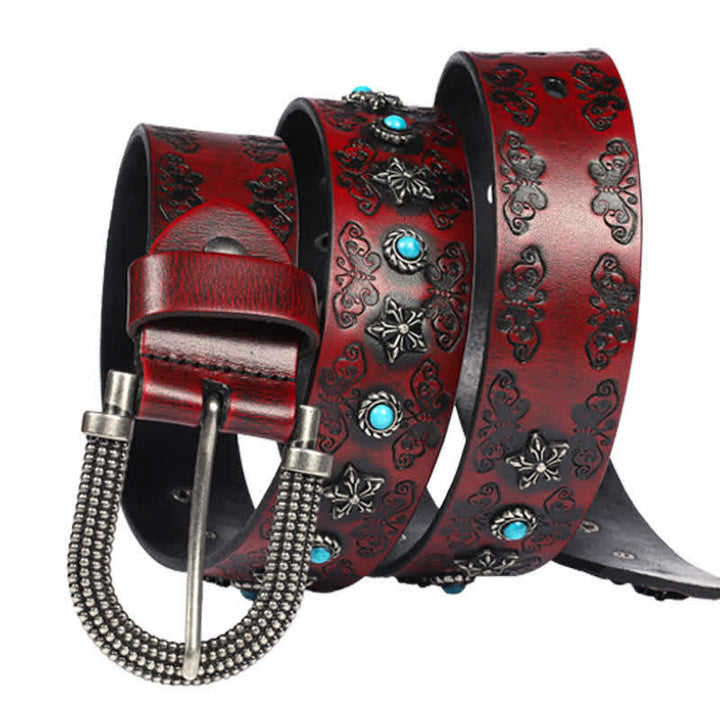 Cinturón de cuero con incrustaciones de turquesa y remaches tallados en forma de mariposa para hombre