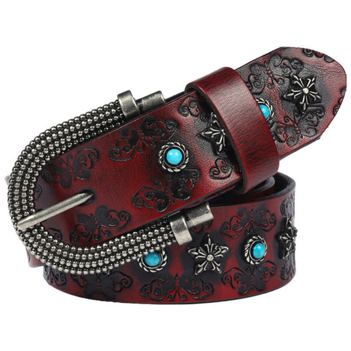Cinturón de cuero con incrustaciones de turquesa y remaches tallados en forma de mariposa para hombre