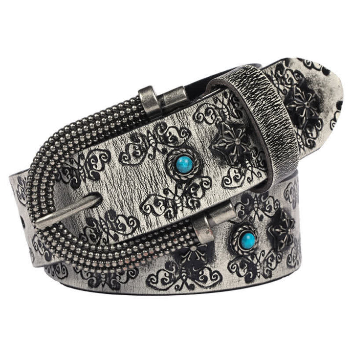 Cinturón de cuero con incrustaciones de turquesa y remaches tallados en forma de mariposa para hombre
