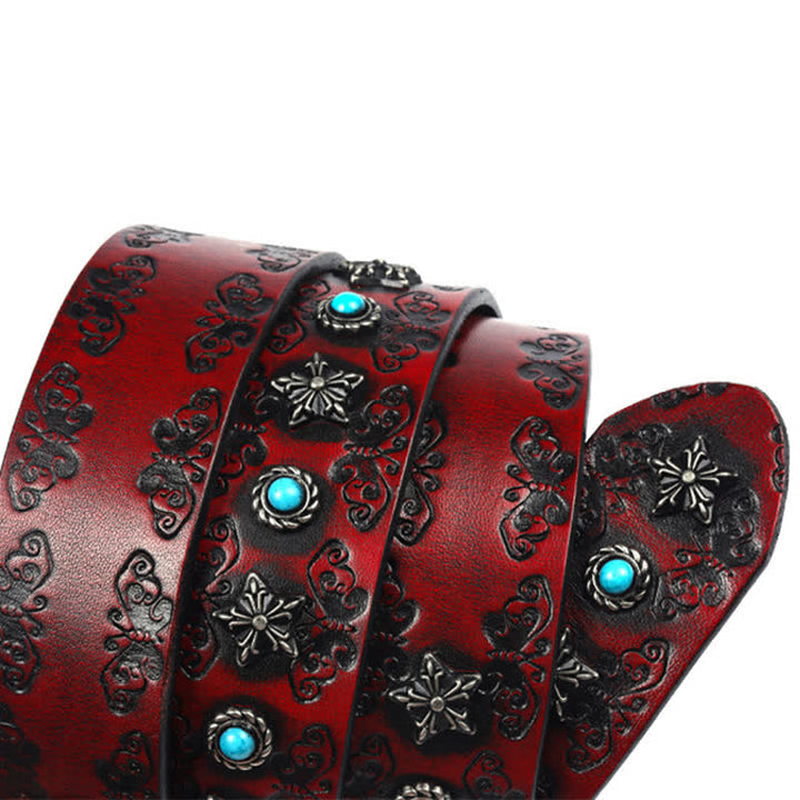 Cinturón de cuero con incrustaciones de turquesa y remaches tallados en forma de mariposa para hombre