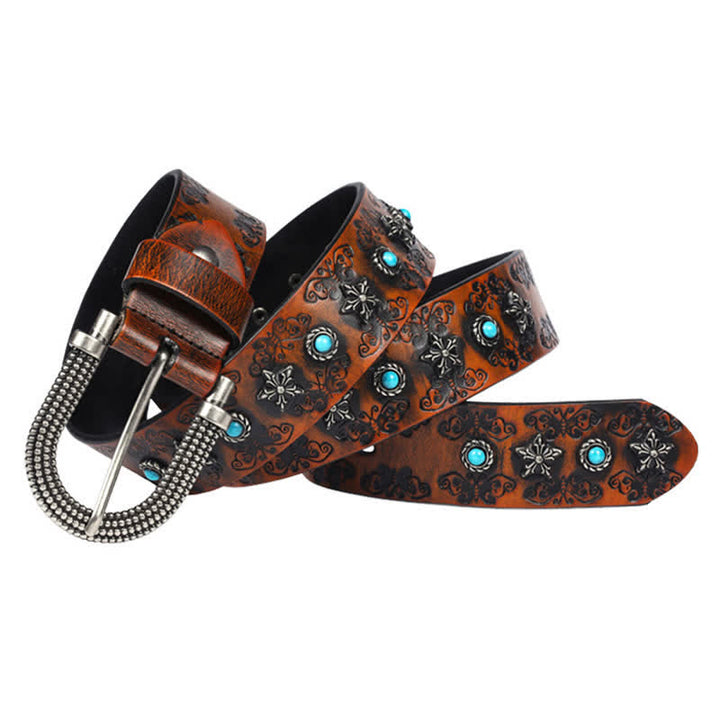 Cinturón de cuero con incrustaciones de turquesa y remaches tallados en forma de mariposa para hombre