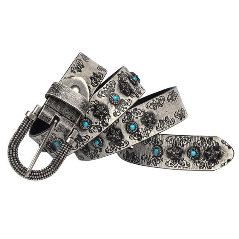 Cinturón de cuero con incrustaciones de turquesa y remaches tallados en forma de mariposa para hombre