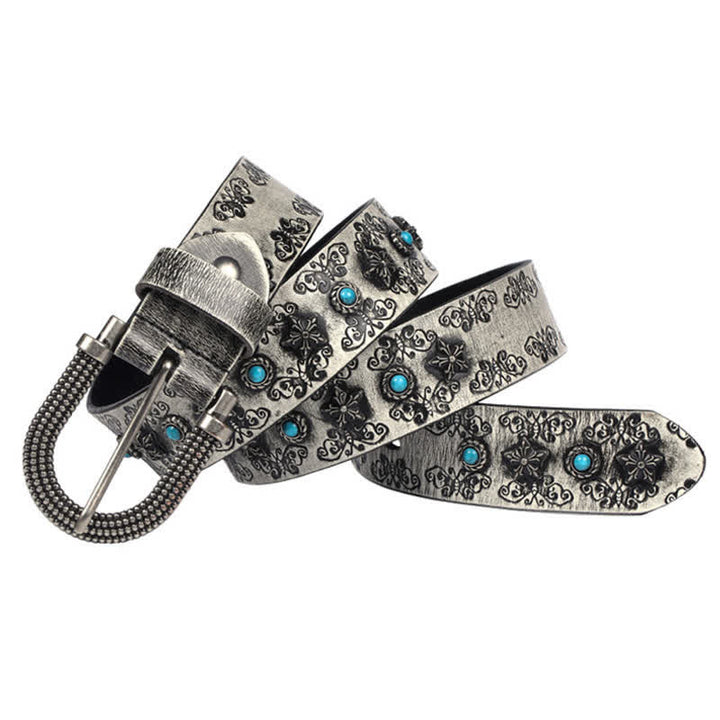 Cinturón de cuero con incrustaciones de turquesa y remaches tallados en forma de mariposa para hombre