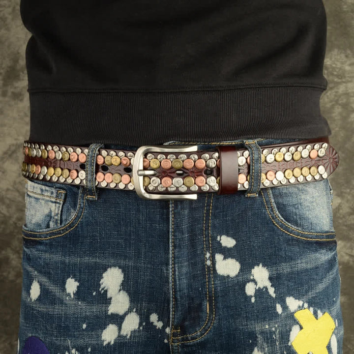 Cinturón de cuero con tachuelas y botones multicolores para hombre