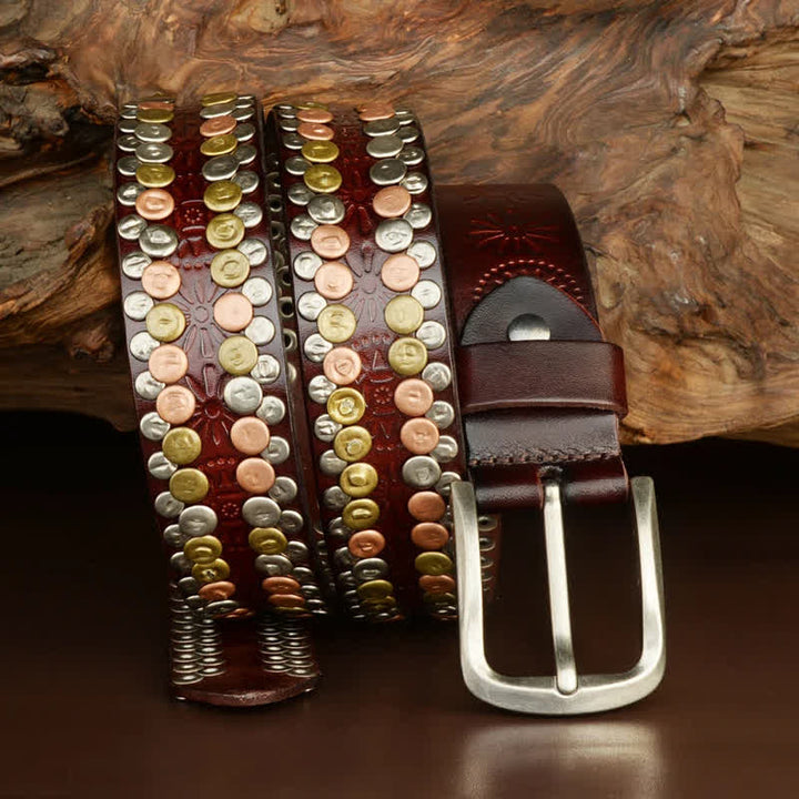 Cinturón de cuero con tachuelas y botones multicolores para hombre